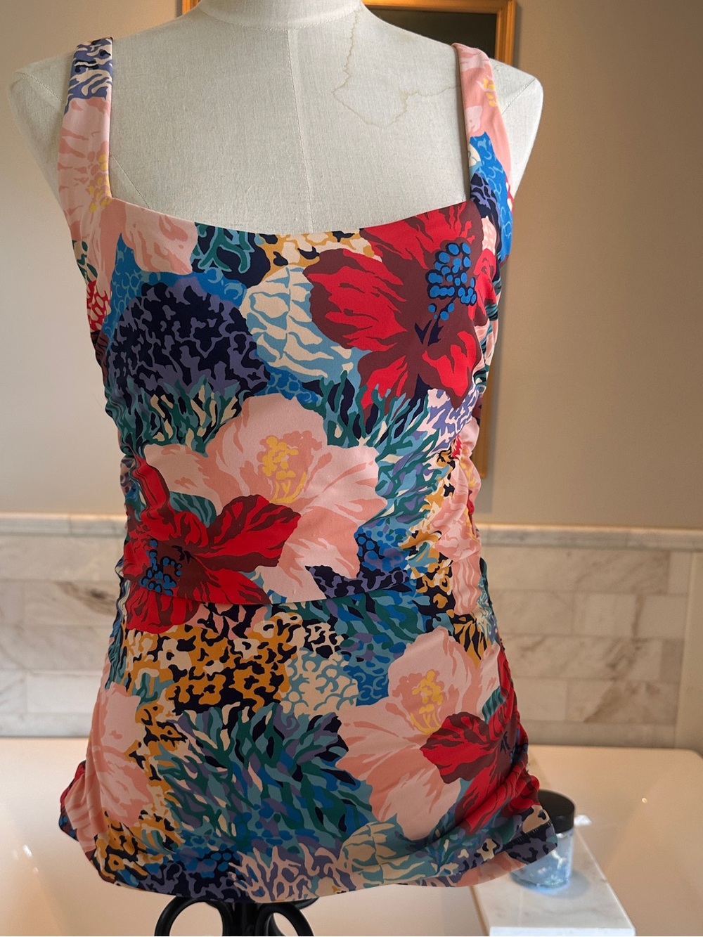 Athleta Square Neck Bra Cup Printed Tankini Top “Bora Bora” 38D/DD
